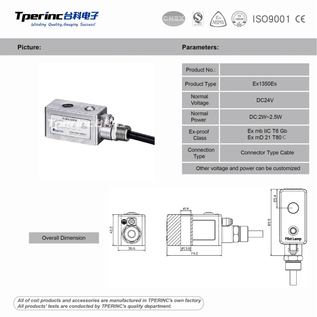High-Quality T6 Explosion Proof Series AC220V DC24V Ex-Proof Solenoid Coil for Stainless Steel Brass Industrial Valve